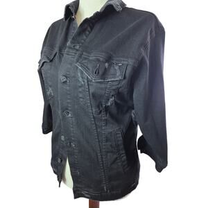Chic Mother Distressed Black Cotton Denim Jacket-3/4 Sleeve Grunge Trucker Biker